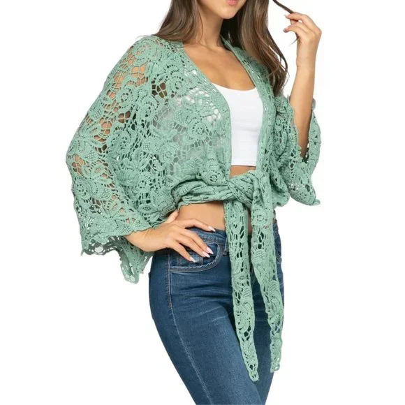 Crochet Floral Petal Kimono Wrap Boho Cotton Shawl 1 Size Black Mocha Rust Mint - Picture 3 of 7